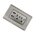 TOMACORRIENTE DOBLE CON POLO A TIERRA (2P+T) + TOMA DOBLE USB 15A 110V-250V  5V 2 1A COLOR PLATEADO