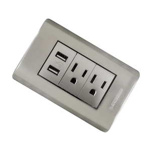 TOMACORRIENTE DOBLE CON POLO A TIERRA (2P+T) + TOMA DOBLE USB 15A 110V-250V  5V 2 1A COLOR PLATEADO