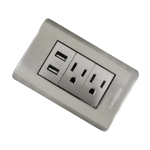 TOMACORRIENTE DOBLE CON POLO A TIERRA (2P+T) + TOMA DOBLE USB 15A 110V-250V  5V 2 1A COLOR PLATEADO