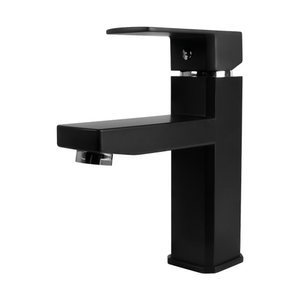 MEZCLADOR LAVAMANOS BAJO  CUERPO PLÁSTICO MANIJA EN  ZINC CARTUCHO CERAMICO 35MM COLOR NEGRO 18.5 CM